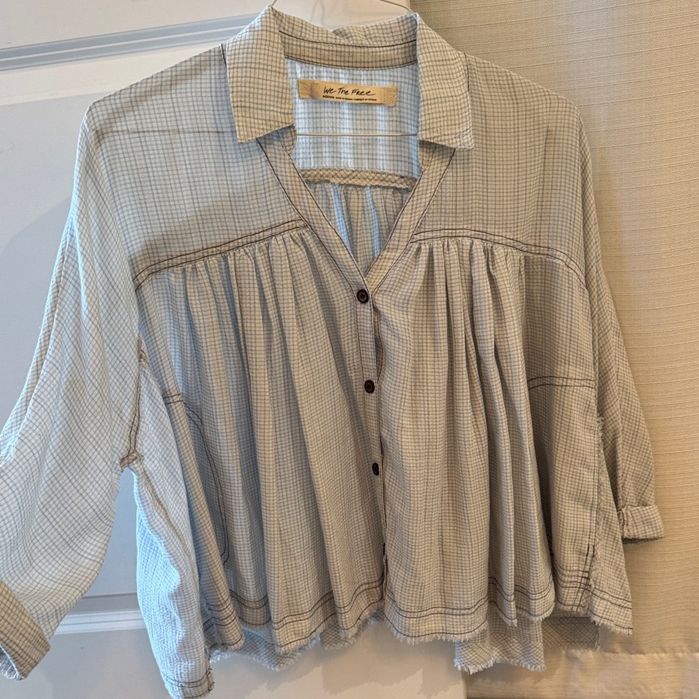 Free People Light Blue Plaid Button-Front Peasant Top